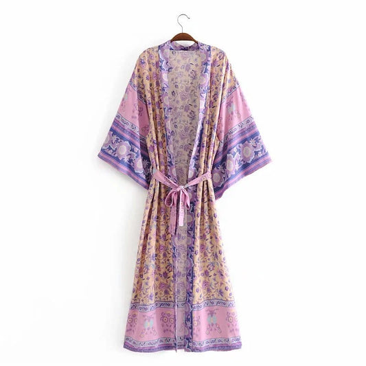 Kimono de plage longue style boho - violet / s
