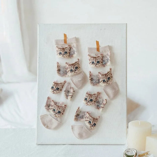 Longues chaussettes transparentes avec des chats - beige / universel
