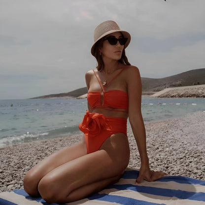  Maillot de bain bikini deux pièces avec liens et fleur décorative