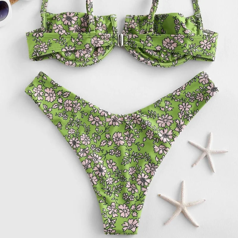 Maillot de bain deux pièces à fleurs - vert / s