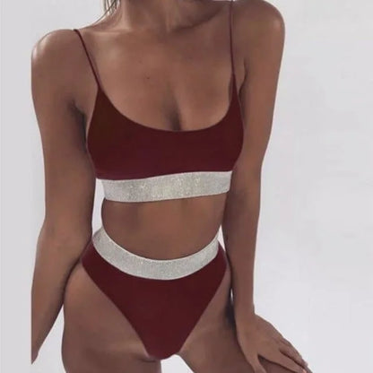 Maillot de bain deux pièces avec ceinture argentée - rouge / s