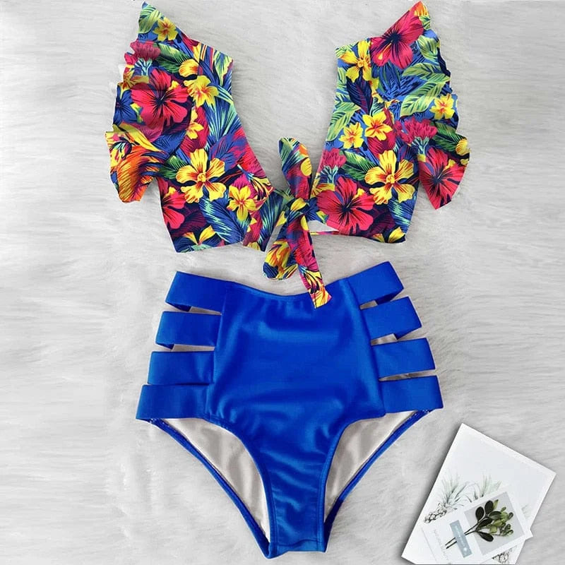 Maillot de bain deux pièces avec haut décoratif - bleu / s