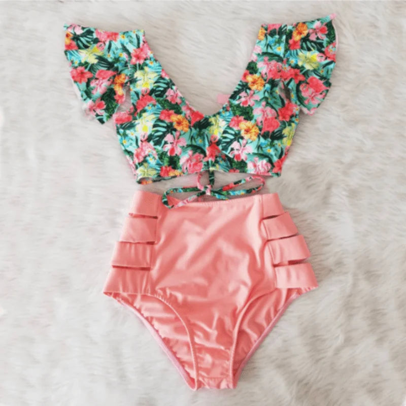 Maillot de bain deux pièces avec haut décoratif - rose / s