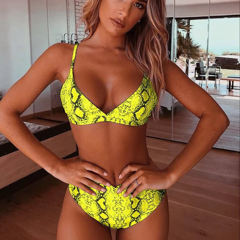 Maillot de bain deux pièces avec imprimé serpent - jaune / s