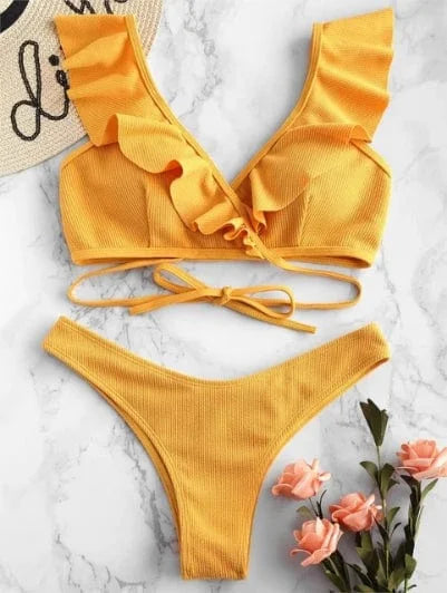 Maillot de bain deux pièces avec liens et volants - jaune / s