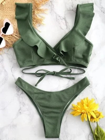 Maillot de bain deux pièces avec liens et volants - vert / s