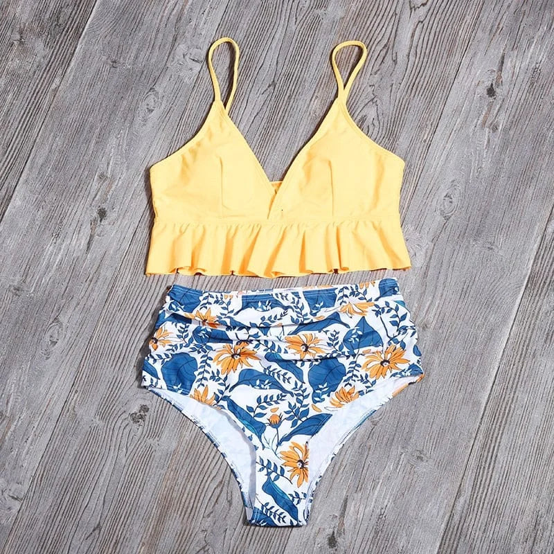 Maillot de bain deux pièces avec volant - jaune / s