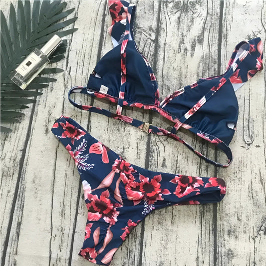 Marine Maillot de bain deux pièces à imprimé floral