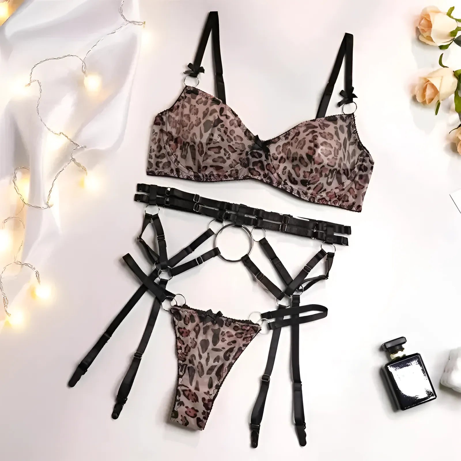 Marron Ensemble de lingerie en dentelle à imprimé léopard avec porte-jarretelles