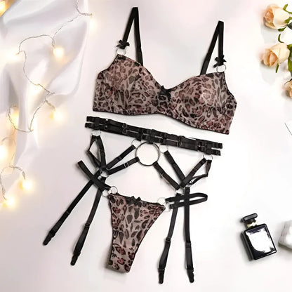 Marron Ensemble de lingerie en dentelle à imprimé léopard avec porte-jarretelles