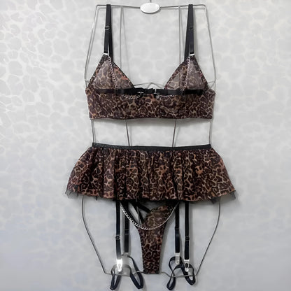 Marron Ensemble de lingerie en dentelle avec imprimé panthère