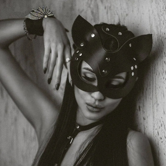 Masque en cuir avec des oreilles de chat - noir / universel