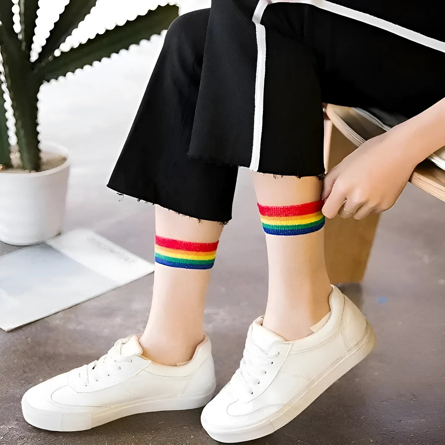 Multicolore Chaussettes en maille avec bande décorative colorée