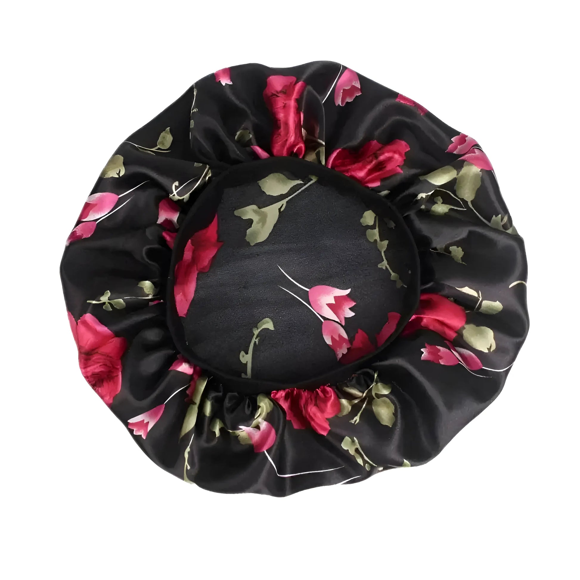 Noir Bonnet de nuit en satin à fleurs