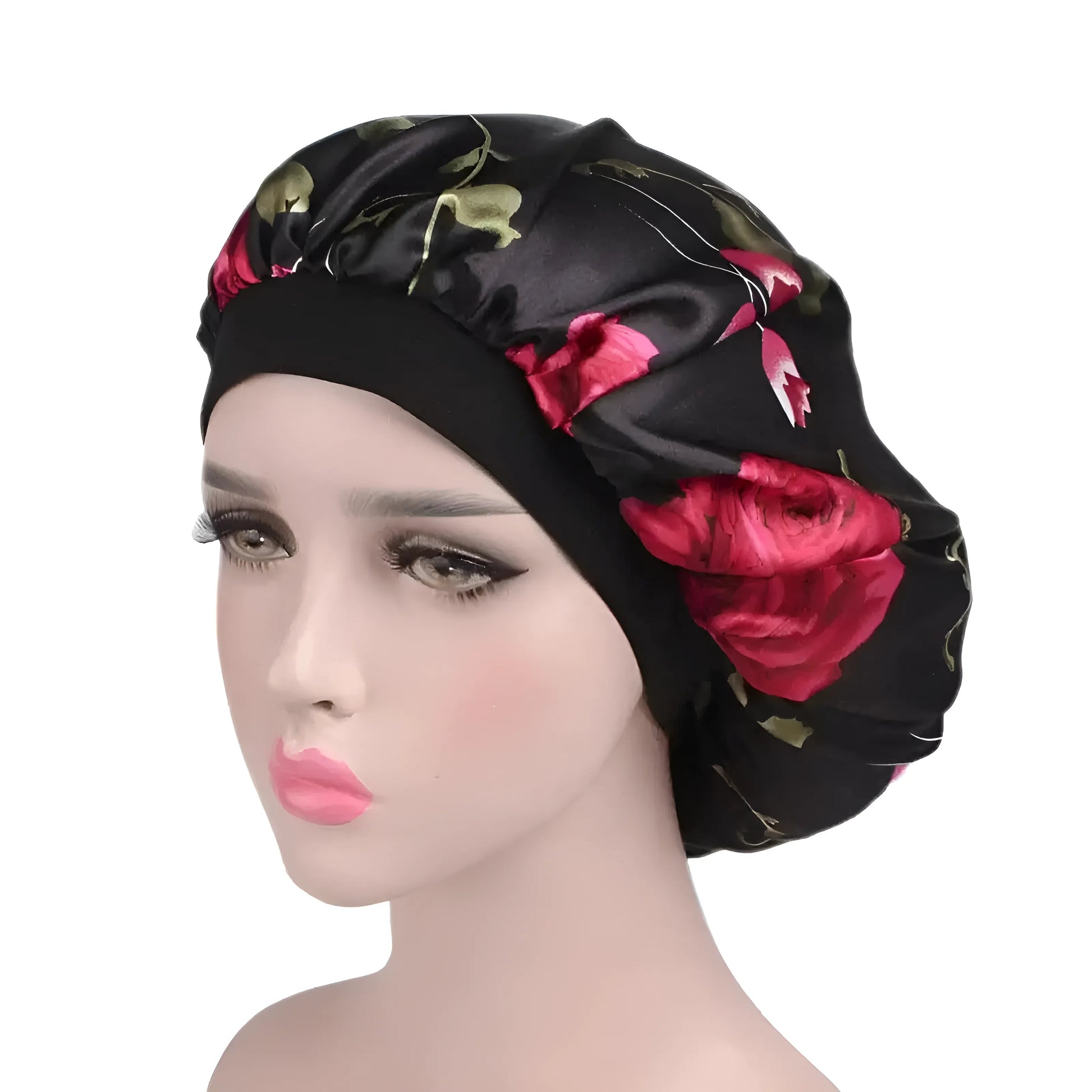 Noir Bonnet de nuit en satin à fleurs