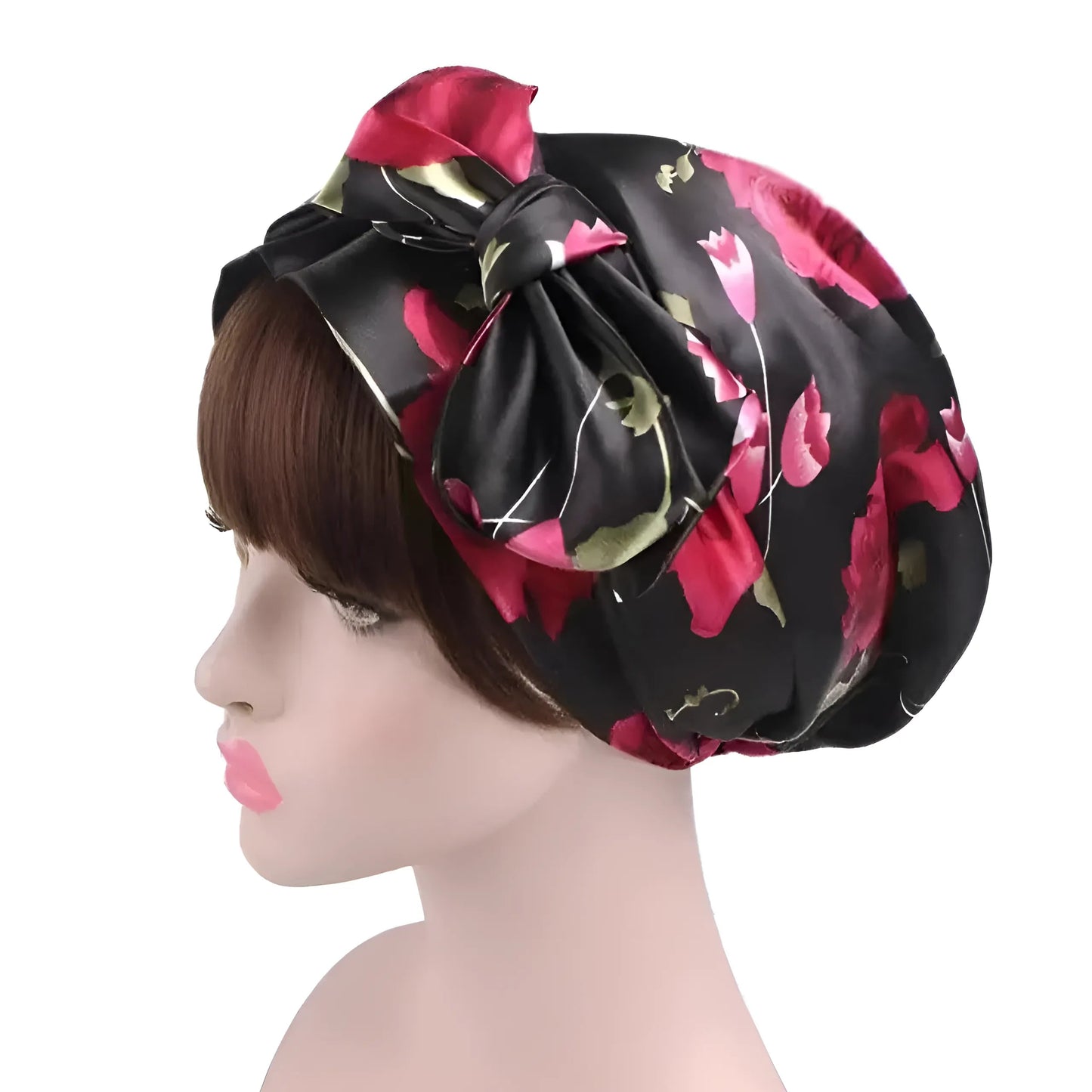 Noir Bonnet de sommeil en satin avec liens