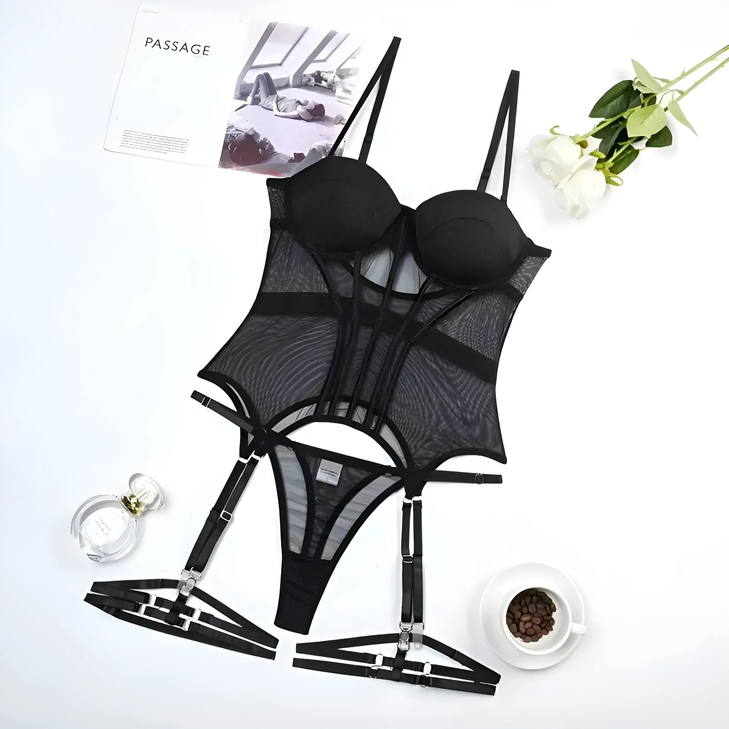 Noir Ensemble de lingerie en corset en dentelle noire