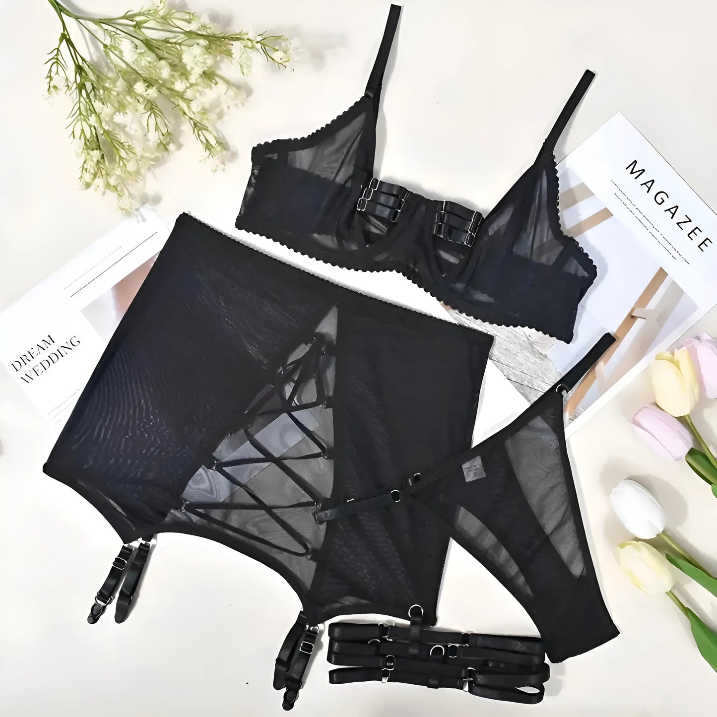 Noir Ensemble de lingerie en dentelle 4 pièces