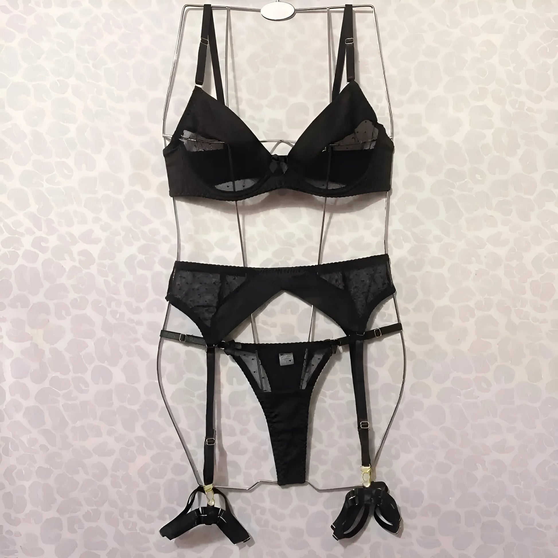 Noir Ensemble de lingerie en dentelle à pois