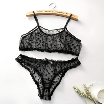 Noir Ensemble de lingerie en dentelle à pois