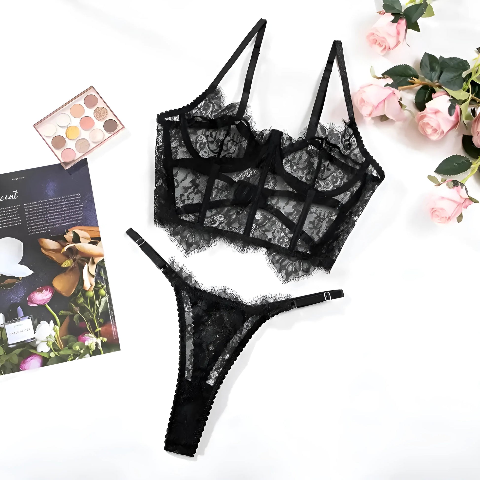 Noir Ensemble de lingerie en dentelle avec bretelles réglables