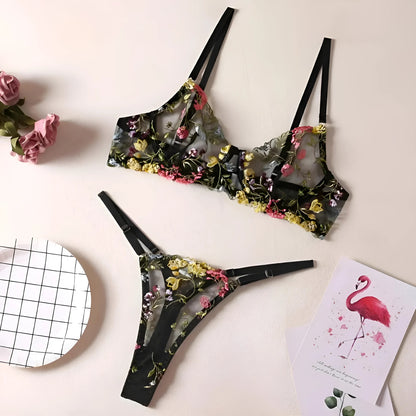 Noir Ensemble de lingerie en dentelle avec broderie florale