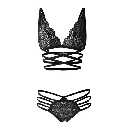 Noir Ensemble de lingerie en dentelle avec des bretelles décoratives