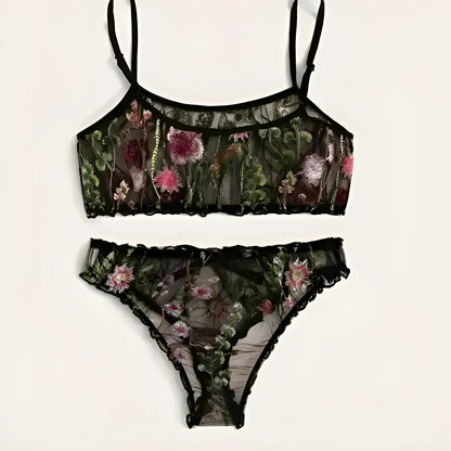 Noir Ensemble de lingerie en dentelle avec motif floral