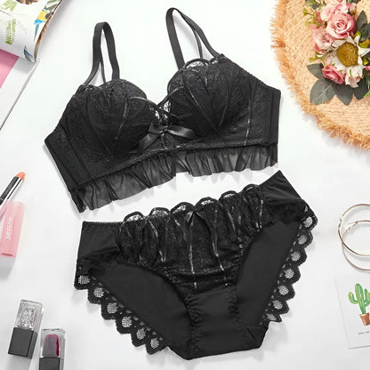 Noir Ensemble de lingerie en dentelle avec soutien-gorge décolleté