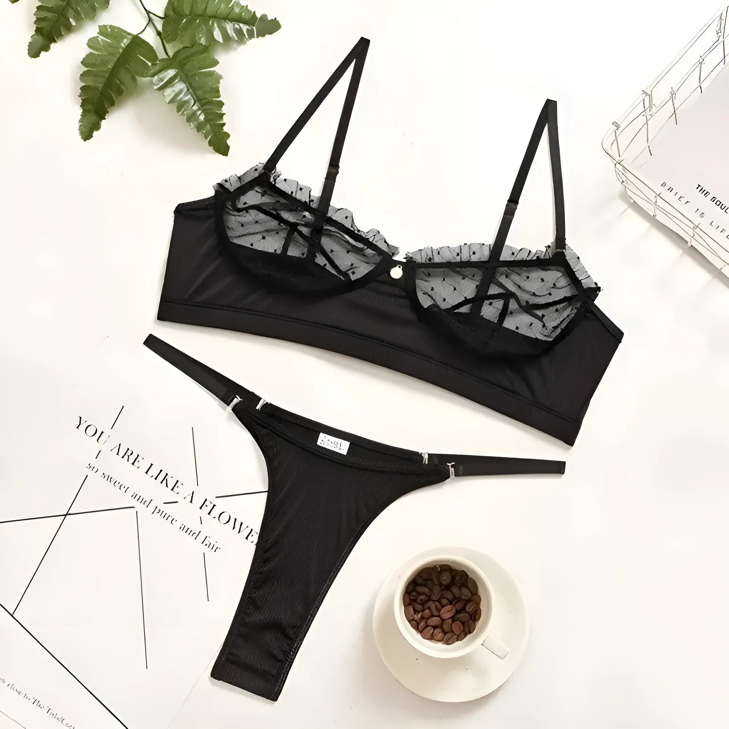 Noir Ensemble de lingerie en dentelle avec string