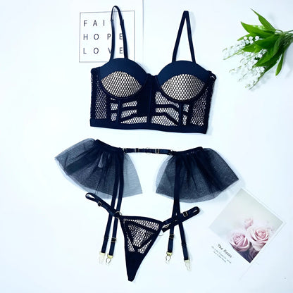 Noir Ensemble de lingerie en dentelle avec volants