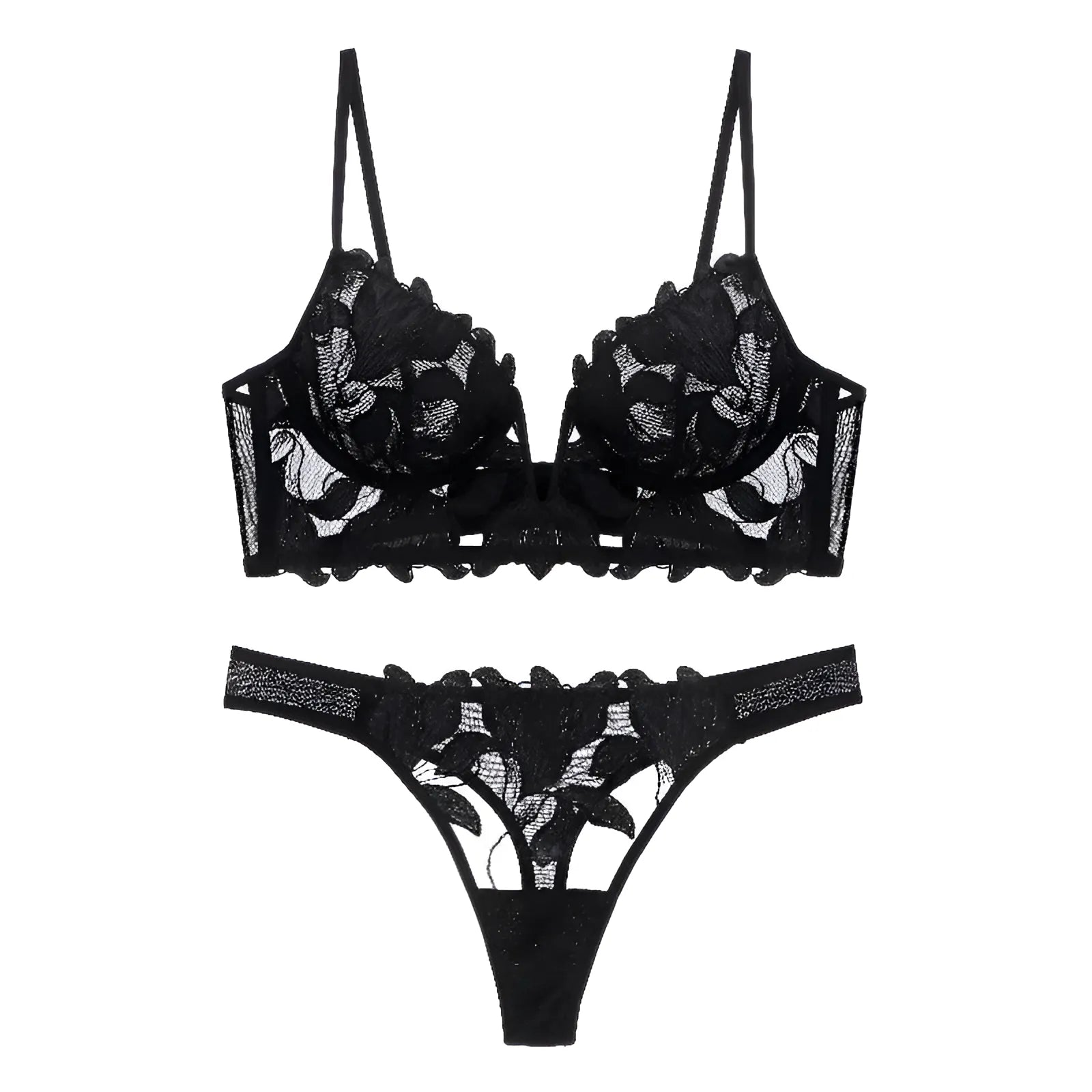 Noir Ensemble de lingerie en dentelle florale