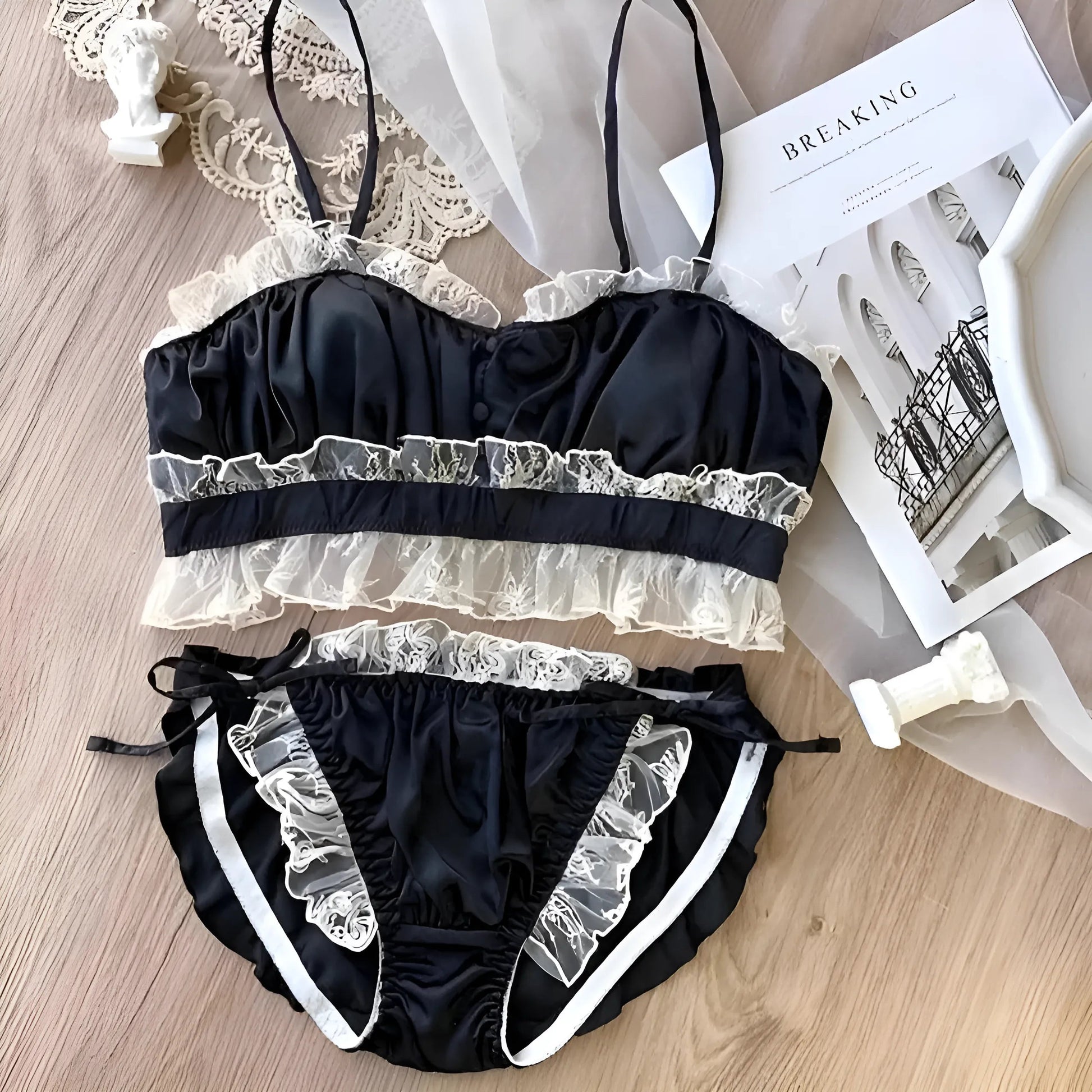 Noir Ensemble de lingerie en dentelle froncée