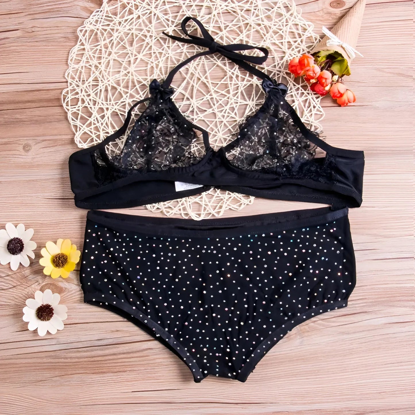 Noir Ensemble de lingerie en dentelle scintillante