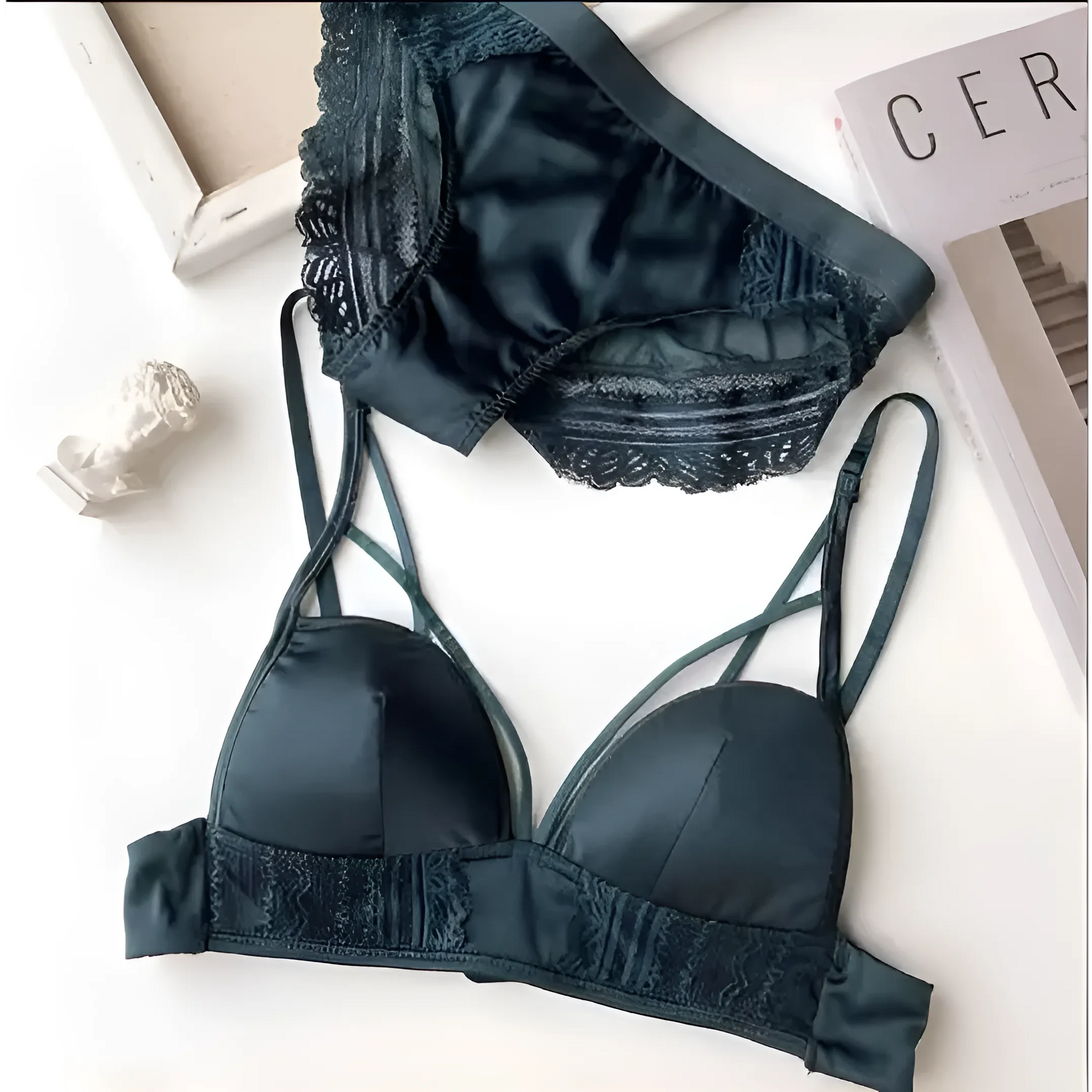 Noir Ensemble de lingerie en satin avec fronces