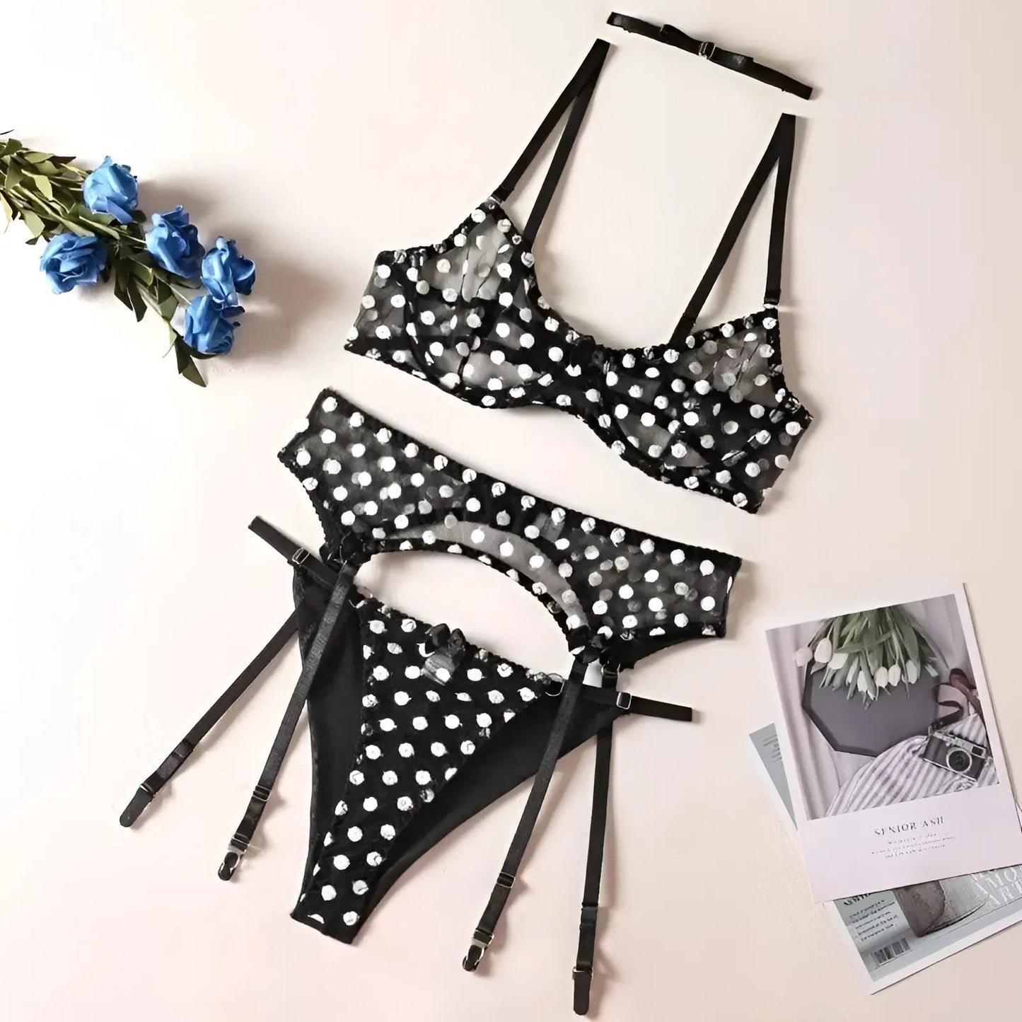 Noir Ensemble de lingerie en tulle à pois sensuel avec collier