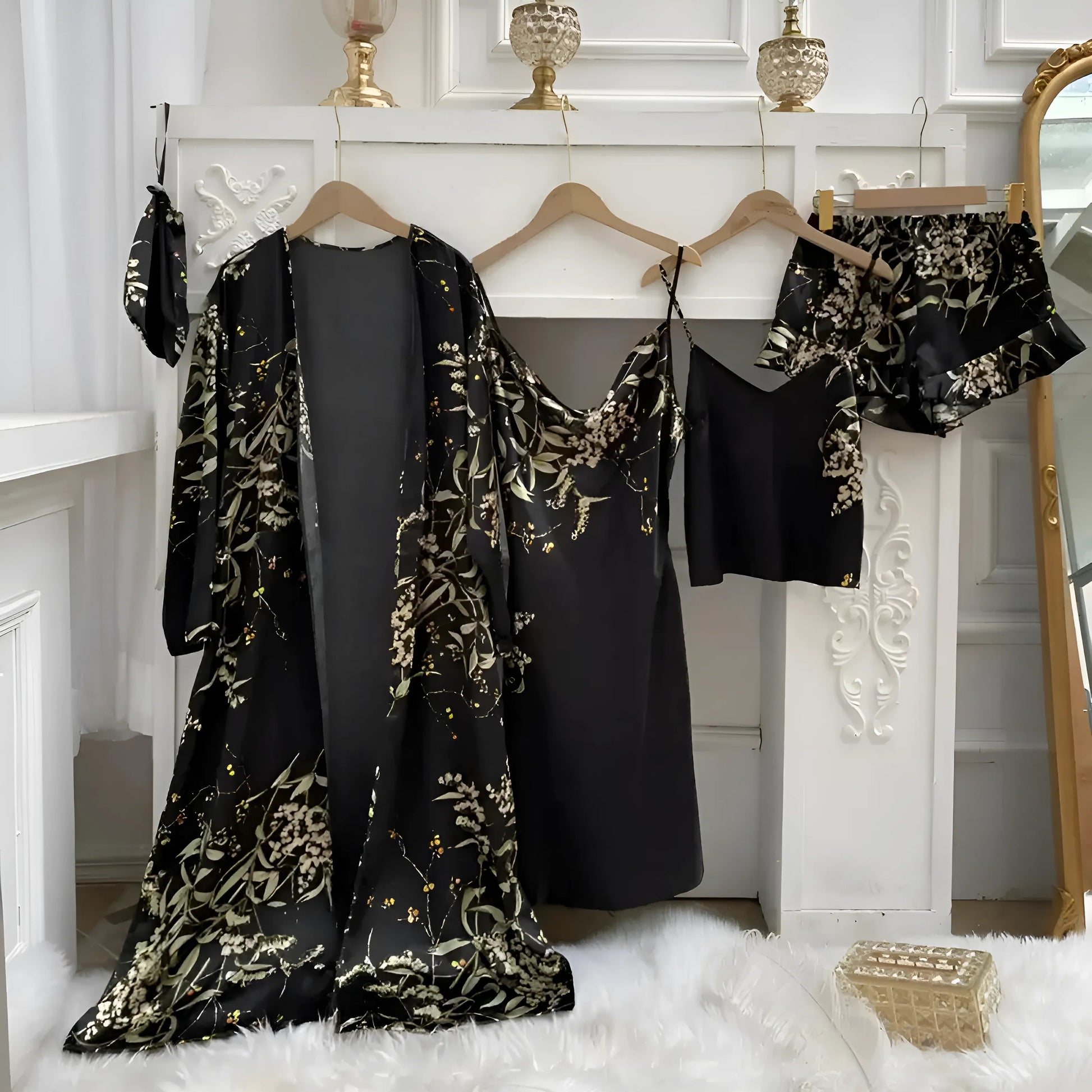 Noir Ensemble de sommeil à imprimé floral