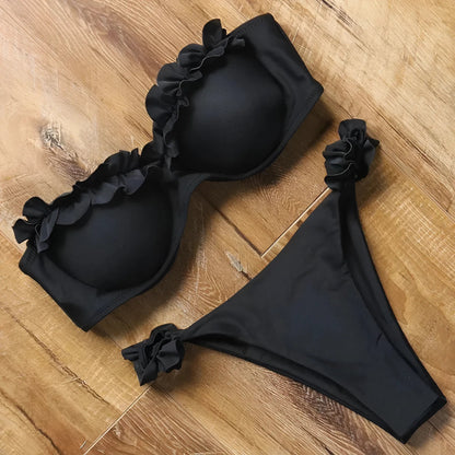 Noir Maillot de bain bikini deux pièces avec des volants décoratifs