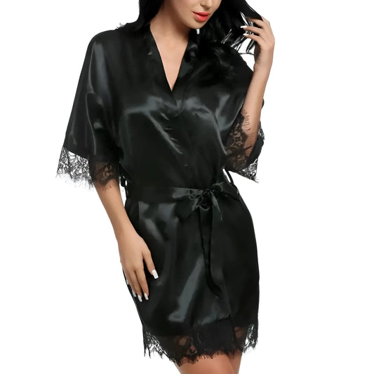 Noir Robe en satin avec dentelle