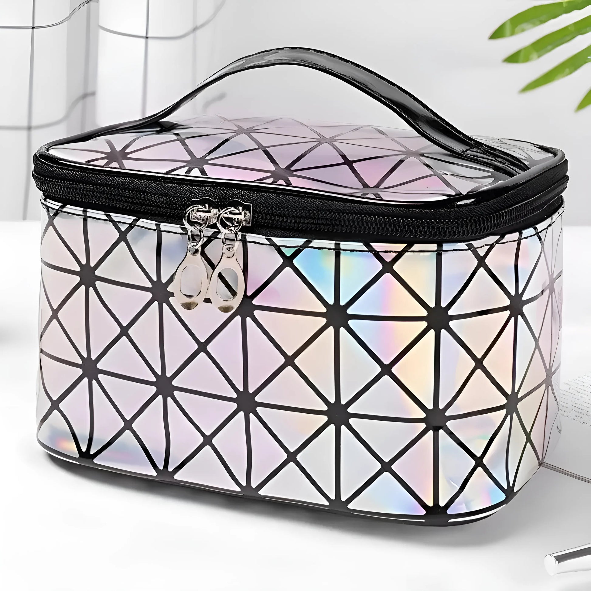 Noir Sac cosmétique holographique à fermeture éclair