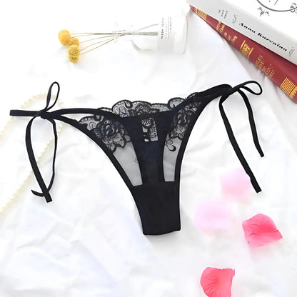 Noir String en dentelle avec liens à la taille