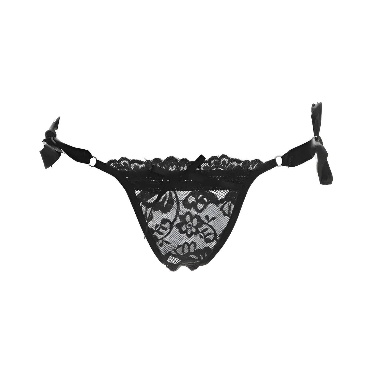 Noir String en dentelle avec liens à la taille