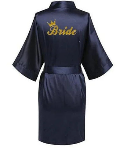 Peignoir de mariée en satin avec inscription ’bride’ - bleu marine / s