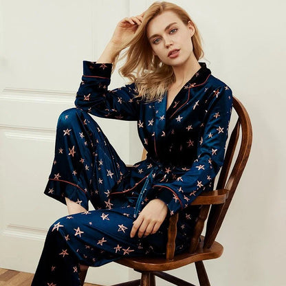 Pyjama femme à manches longues imprimé étoiles - bleu marine / s