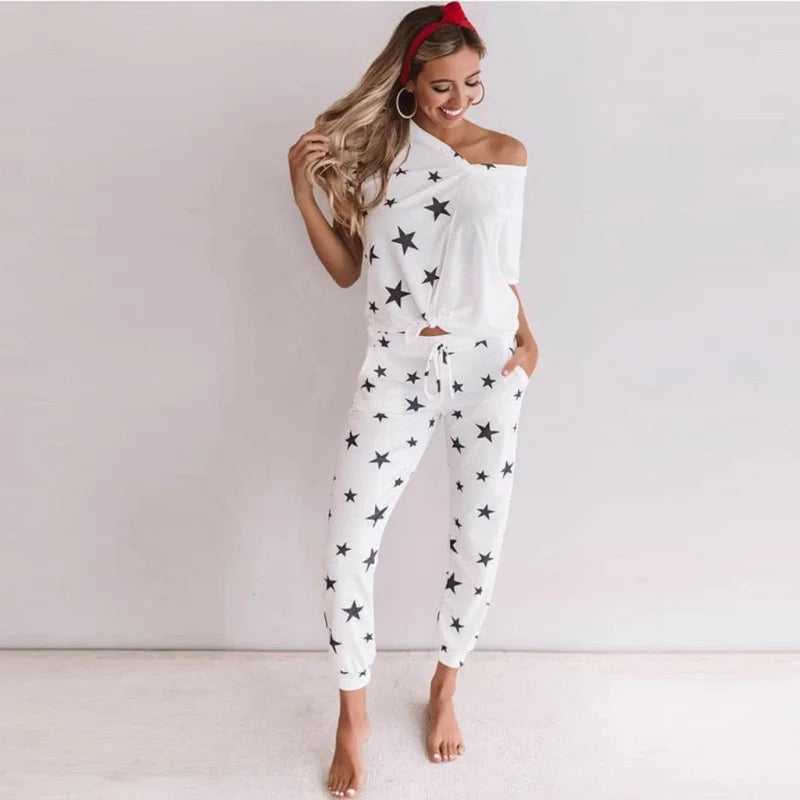 Pyjama femme à motif étoilé avec pantalons longs - blanc / s