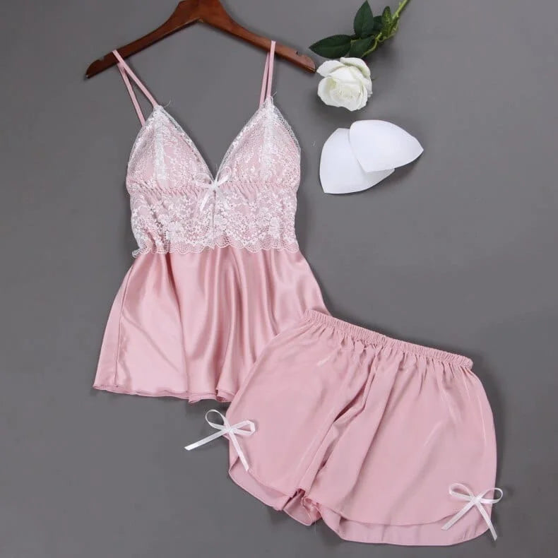 Pyjama femme avec buste en dentelle - rose / s