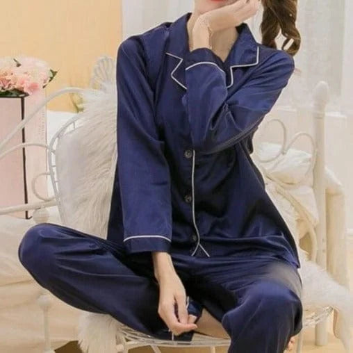 Pyjama femme avec de la dentelle décorative - bleu marine / s