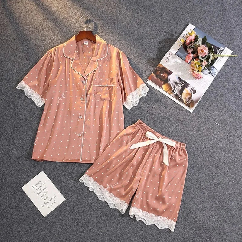 Pyjama femme avec haut de chemise et dentelle - rose / s