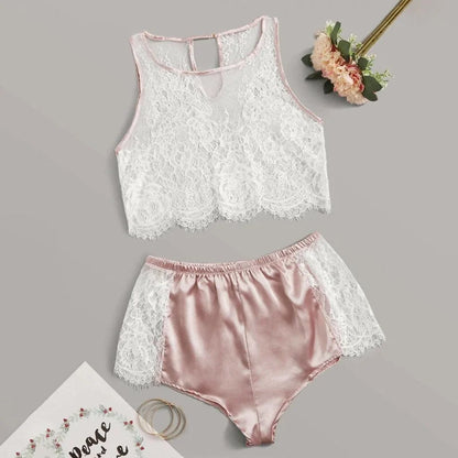 Pyjama femme avec haut en dentelle - rose / s