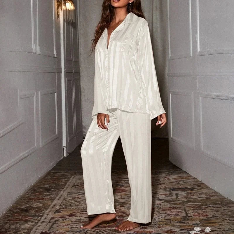 Pyjama femme en satin à rayures - blanc / xs
